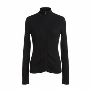 BCBG Maxazria WMNS Small Black Silk Full Zip Sweater Mock Turtleneck Preppy Moto